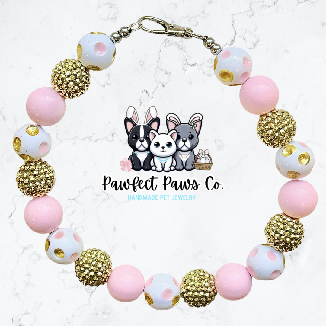 Dotted Delight* Pink & Gold Sparkle Easter/Spring Custom Beaded Dog/Cat Collar Necklace!