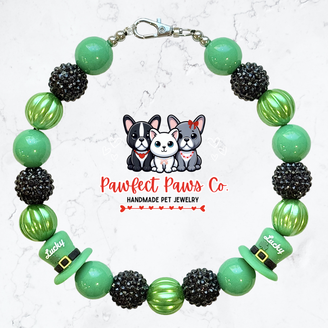 Lucky Leprechaun* Green & Black Sparkle St. Patrick’s Day Custom Beaded Dog/Cat Necklace!