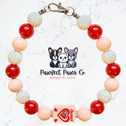 Sweetheart* Pink Red & White Sparkle Candy Heart Box Valentines Day Custom Beaded Dog/Cat Necklace!