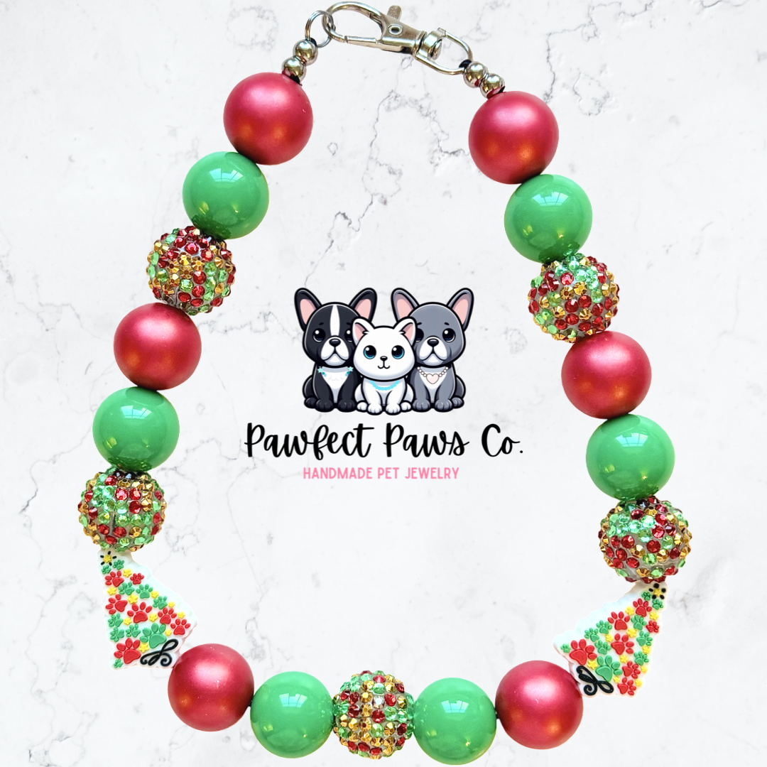 Happy Pawlidays* Green & Red Sparkle Christmas Custom Beaded Dog/Cat Necklace!