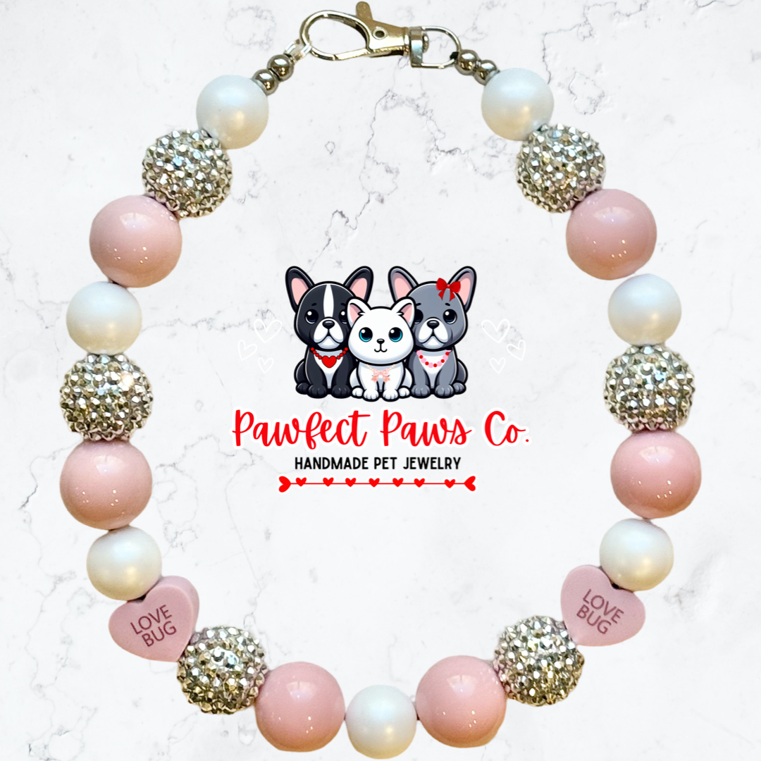 Thank U Next* Pink, White & Silver Sparkle Valentines Day Reversible Convo Heart Custom Beaded Dog/Cat Necklace!