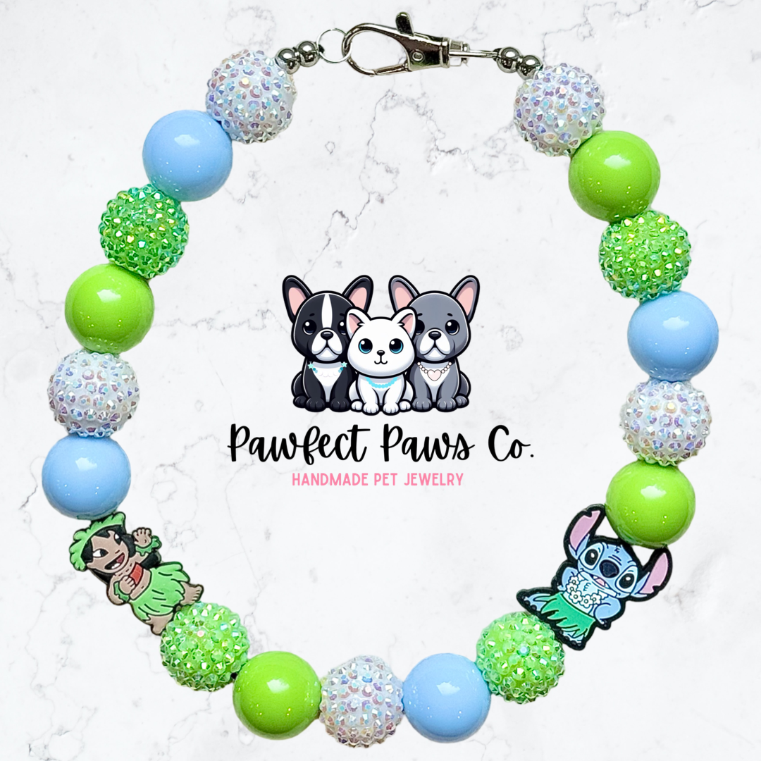 Let’s Luau* Blue, Green & White Sparkle Lilo & Stitch Custom Beaded Dog/Cat Necklace!