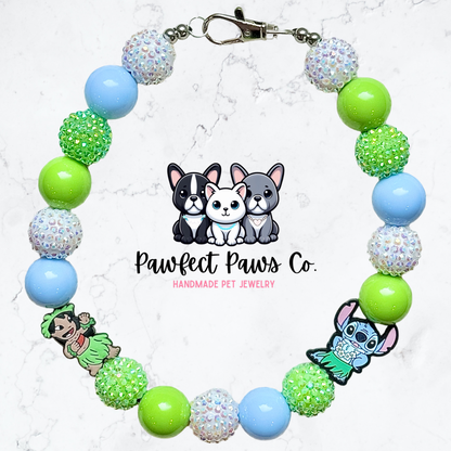 Let’s Luau* Blue, Green & White Sparkle Lilo & Stitch Custom Beaded Dog/Cat Necklace!