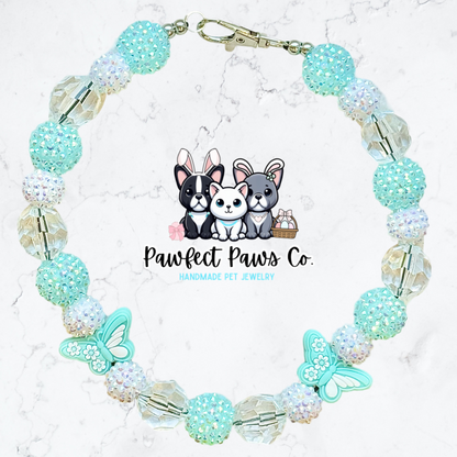 Twilight Flutter* Teal & White Sparkle Butterfly Custom Beaded Dog/Cat Necklace!
