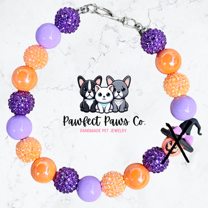 Witchy* Purple & Orange Sparkle Pumpkin Witch Halloween Custom Beaded Dog/Cat Necklace!