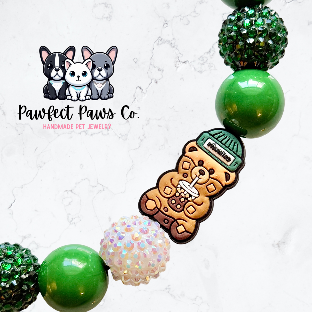 Bearista* Green & White Sparkle Starbies Coffee Custom Beaded Dog/Cat Necklace!