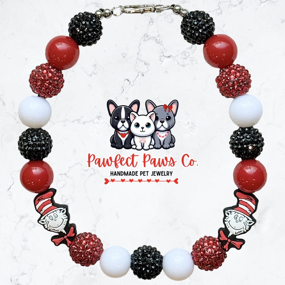 Seuss Sparkle* White, Red & Black Sparkle Dr. Seuss Cat in the Hat Custom Beaded Dog/Cat Necklace!