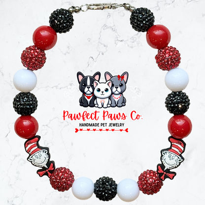 Seuss Sparkle* White, Red & Black Sparkle Dr. Seuss Cat in the Hat Custom Beaded Dog/Cat Necklace!