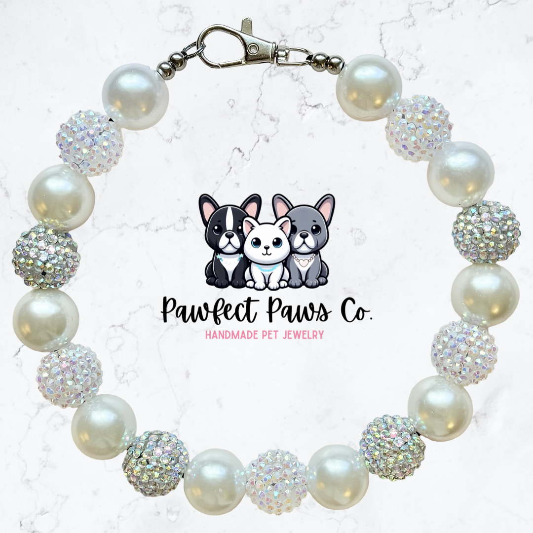 Silver Bells* White & Silver Sparkle Christmas Snow Bow Custom Beaded Dog/Cat Necklace!