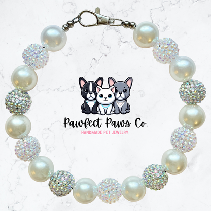 Silver Bells* White & Silver Sparkle Christmas Snow Bow Custom Beaded Dog/Cat Necklace!