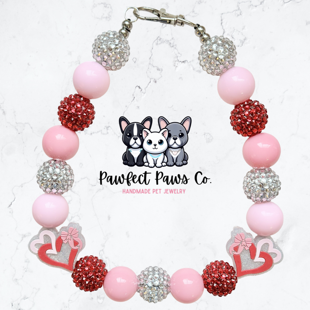 Heartstrings* Pink, Silver & Red Sparkle Heart Valentines Day Custom Beaded Dog/Cat Necklace!