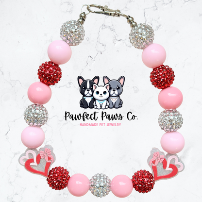 Heartstrings* Pink, Silver & Red Sparkle Heart Valentines Day Custom Beaded Dog/Cat Necklace!
