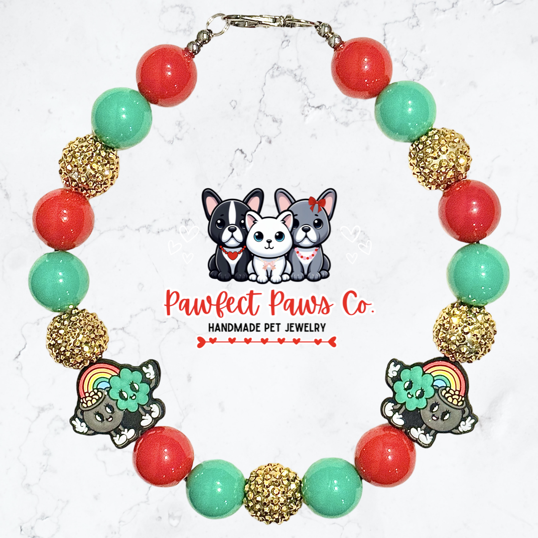 Paws of Gold* Green, Red & Gold Sparkle St. Patrick’s Day Custom Beaded Dog/Cat Necklace!