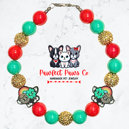 Paws of Gold* Green, Red & Gold Sparkle St. Patrick’s Day Custom Beaded Dog/Cat Necklace!