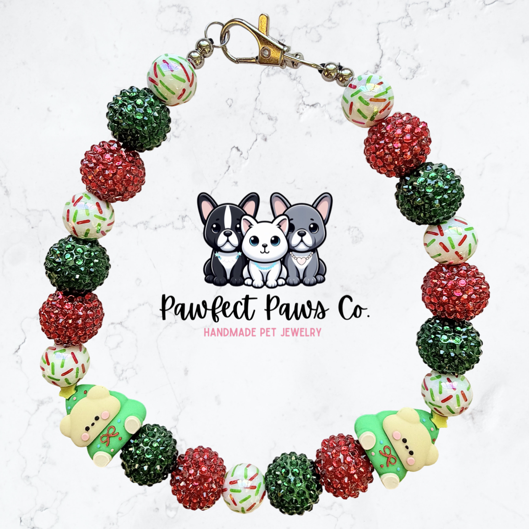 Beary & Bright* Red & Green Sparkle Christmas Bear Custom Beaded Dog/Cat Necklace!