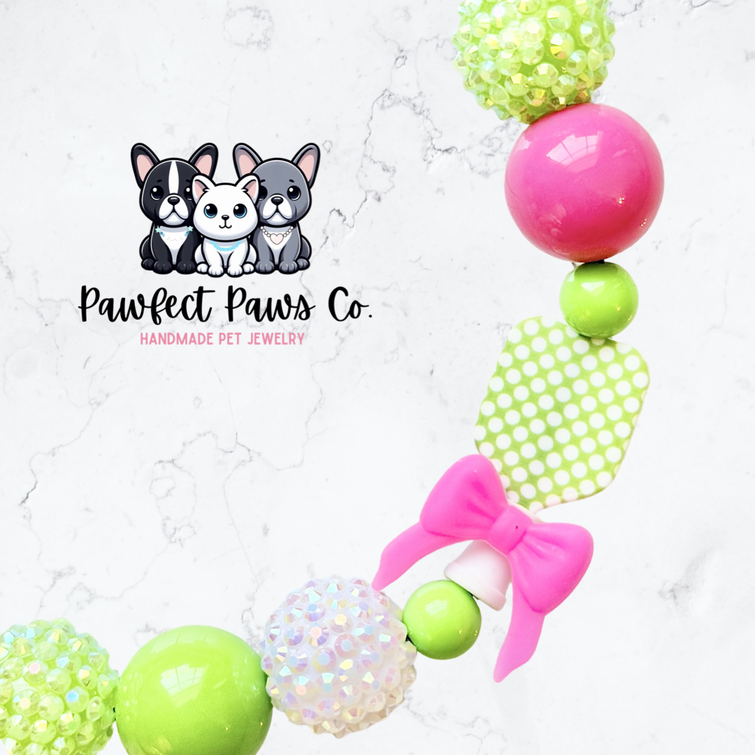 Cutie on the Court* Pink & Green Sparkle Pickleball Paddle Custom Beaded Dog/Cat Necklace!