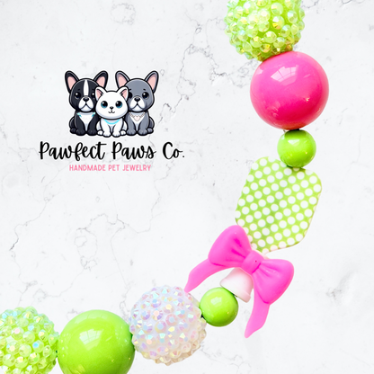 Cutie on the Court* Pink & Green Sparkle Pickleball Paddle Custom Beaded Dog/Cat Necklace!