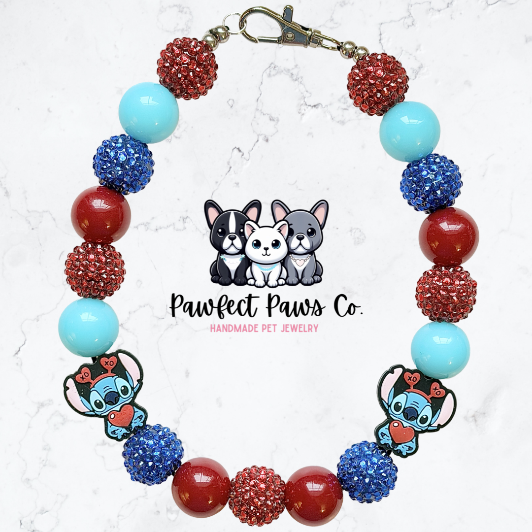 Stitch Love* Red & Blue Sparkle Stitch Custom Beaded Dog/Cat Necklace!
