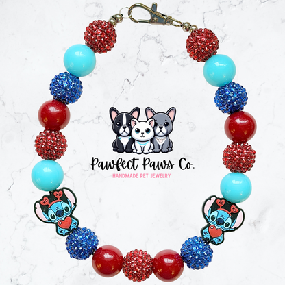 Stitch Love* Red & Blue Sparkle Stitch Custom Beaded Dog/Cat Necklace!