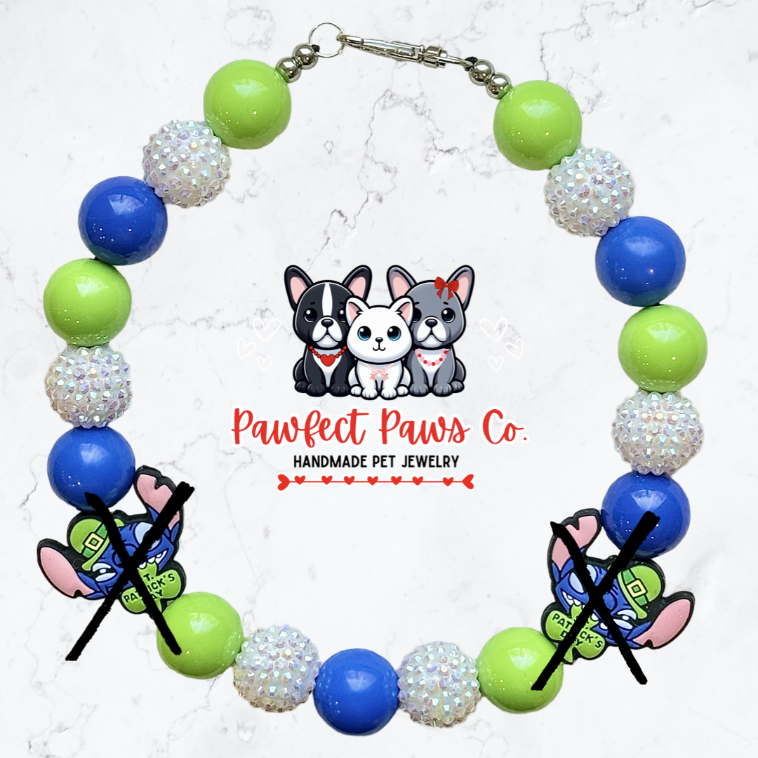 Shamrockin’ Stitch* Green, Blue & White Sparkle St. Patrick’s Day Custom Beaded Dog/Cat Necklace!