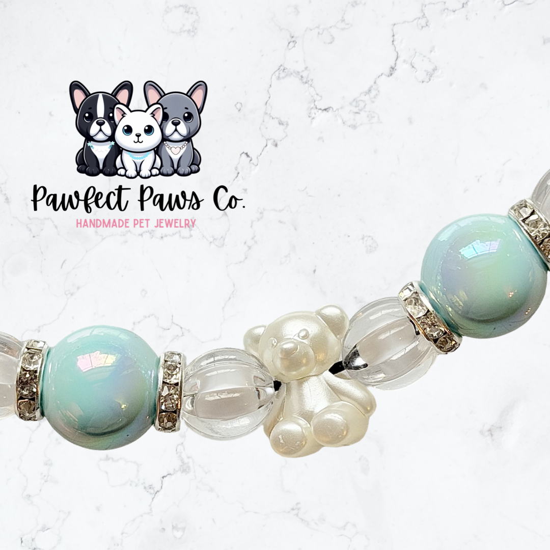 Cutesy Glam* Blue Pearl Teddy Bear Luxury Sparkle Custom Beaded Dog/Cat Collar Necklace!