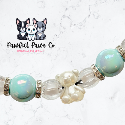 Cutesy Glam* Blue Pearl Teddy Bear Luxury Sparkle Custom Beaded Dog/Cat Collar Necklace!