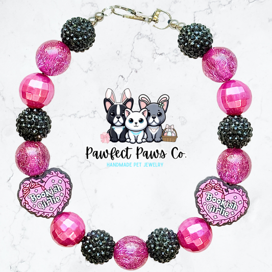 Bookish Girlie* Pink & Black Sparkle Book Lover Custom Beaded Dog/Cat Necklace!