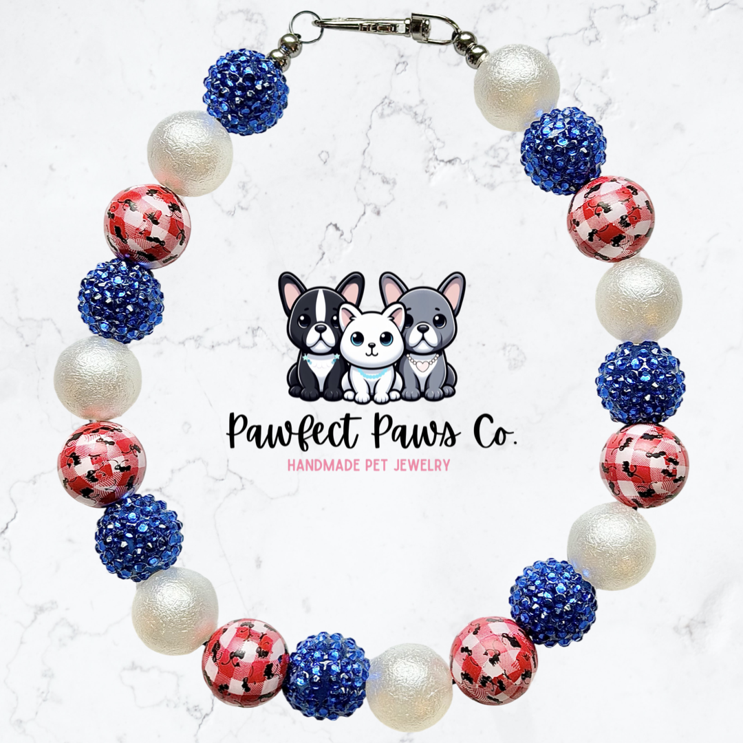 Patriotic Picnic* Red, White & Blue Sparkle Beaded Dog/Cat Necklace!