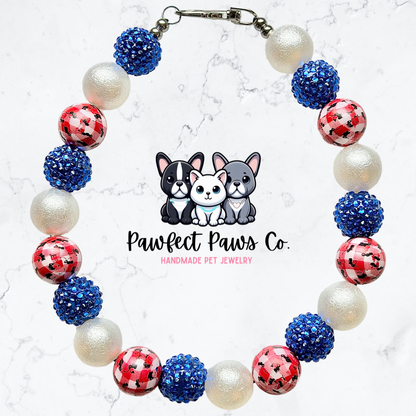 Patriotic Picnic* Red, White & Blue Sparkle Beaded Dog/Cat Necklace!