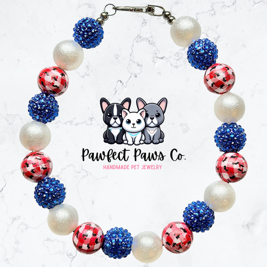 Patriotic Picnic* Red, White & Blue Sparkle Beaded Dog/Cat Necklace!