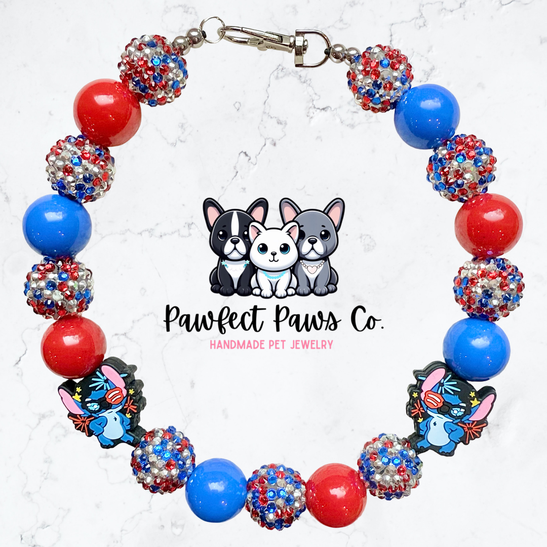 Red, White & Stitch* Red, White & Blue Sparkle Patriotic Beaded Dog/Cat Necklace!