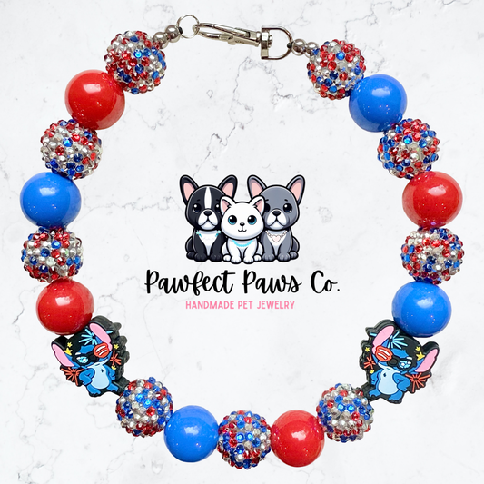 Red, White & Stitch* Red, White & Blue Sparkle Patriotic Beaded Dog/Cat Necklace!