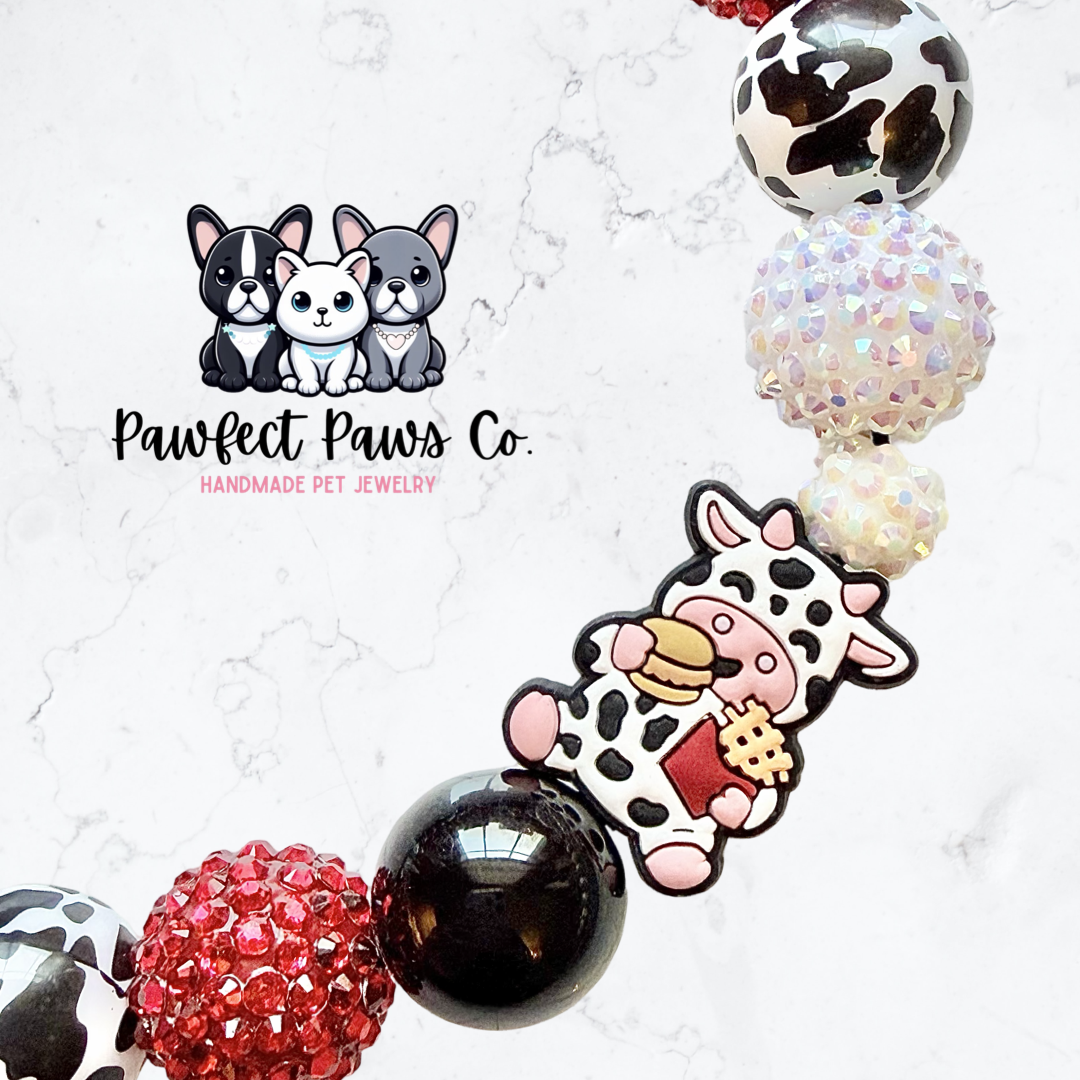 Chikin & Fries* Red & Black Sparkle Cow Custom Beaded Dog/Cat Necklace!