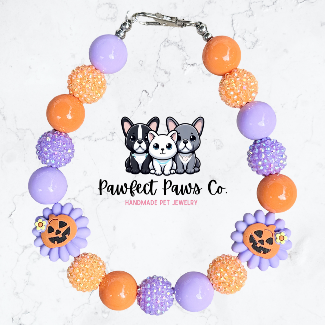 Jack-O-Cutie* Purple & Orange Sparkle Pumpkin Flower Halloween Custom Beaded Dog/Cat Necklace!