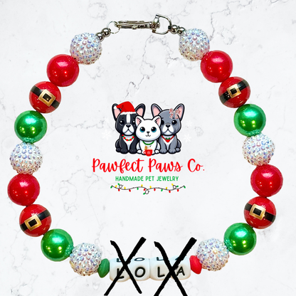 Santa’s Helper* Red, Green & White Sparkle Name Custom Beaded Dog/Cat Necklace!