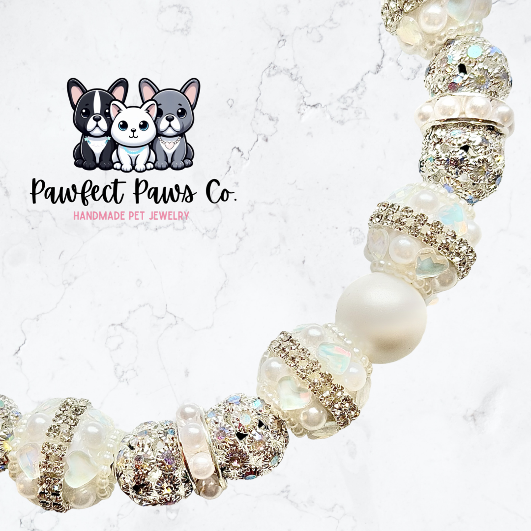 Finer Things* White & Silver Luxury Sparkle Custom Beaded Dog/Cat Collar Necklace!