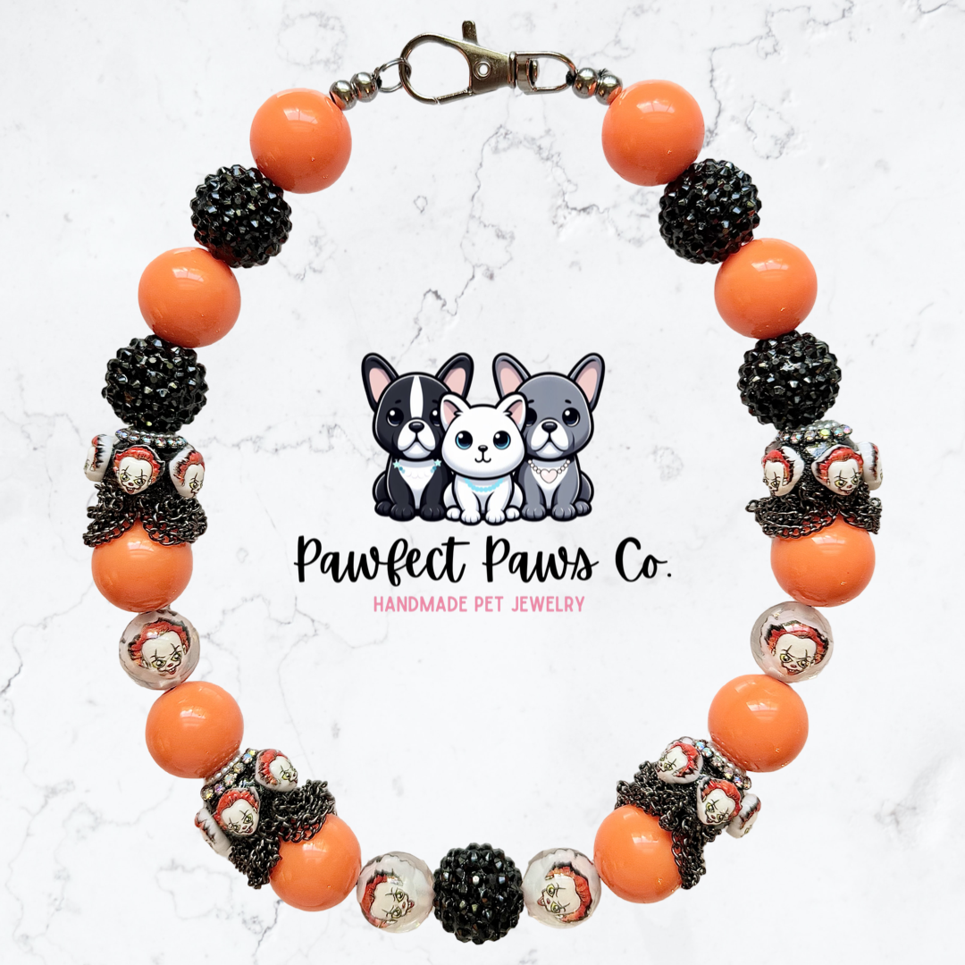 Creepy Clown* Orange & Black Luxury Sparkle Custom Beaded Dog/Cat Collar Necklace!