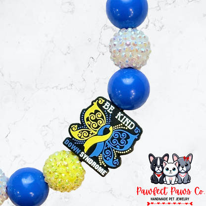 Be Kind* Blue, Yellow & White Sparkle World Down Syndrome Day 3/21 Custom Beaded Dog/Cat Necklace!