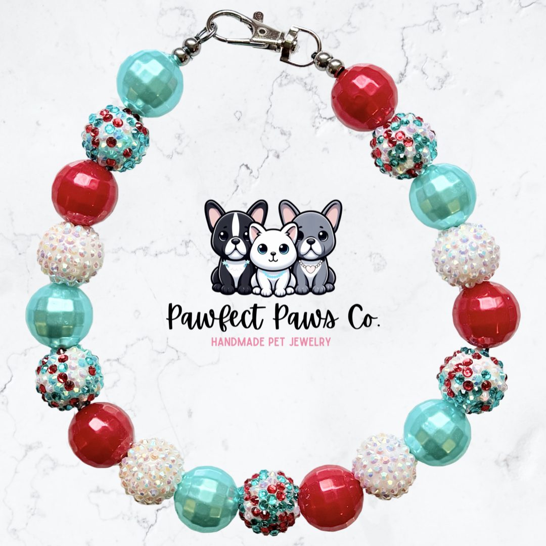 America the Beautiful* Red, White & Teal Blue Sparkle Patriotic Beaded Dog/Cat Necklace!
