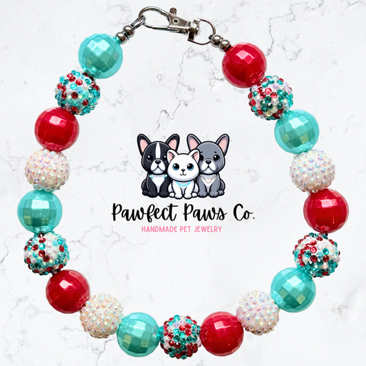 America the Beautiful* Red, White & Teal Blue Sparkle Patriotic Beaded Dog/Cat Necklace!