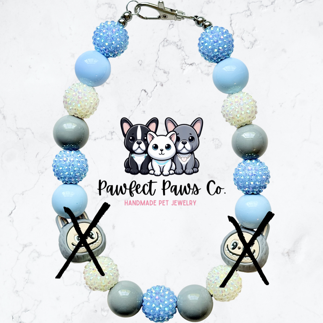Labubu Love* Gray, Blue & White Sparkle Labubu Custom Beaded Dog/Cat Necklace!