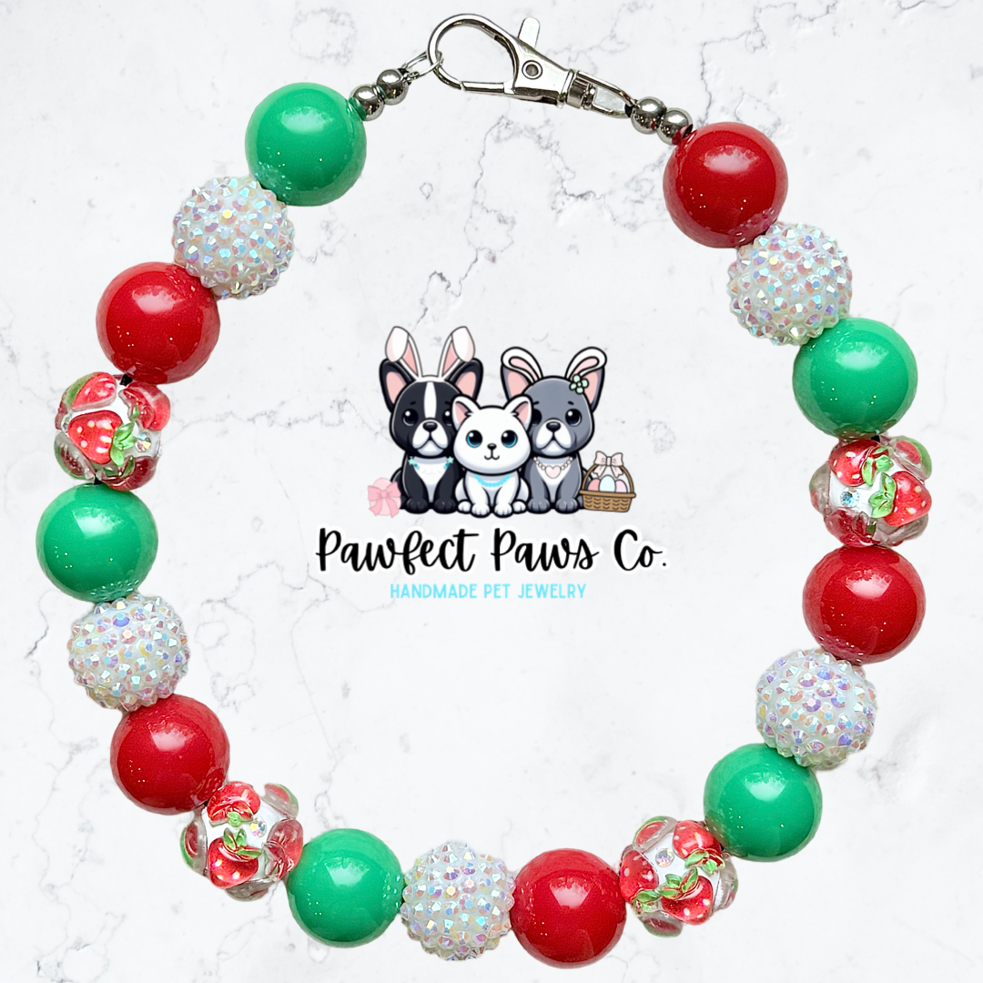 Berry Cute* Red, Green & White Sparkle Strawberry Custom Beaded Dog/Cat Collar Necklace!