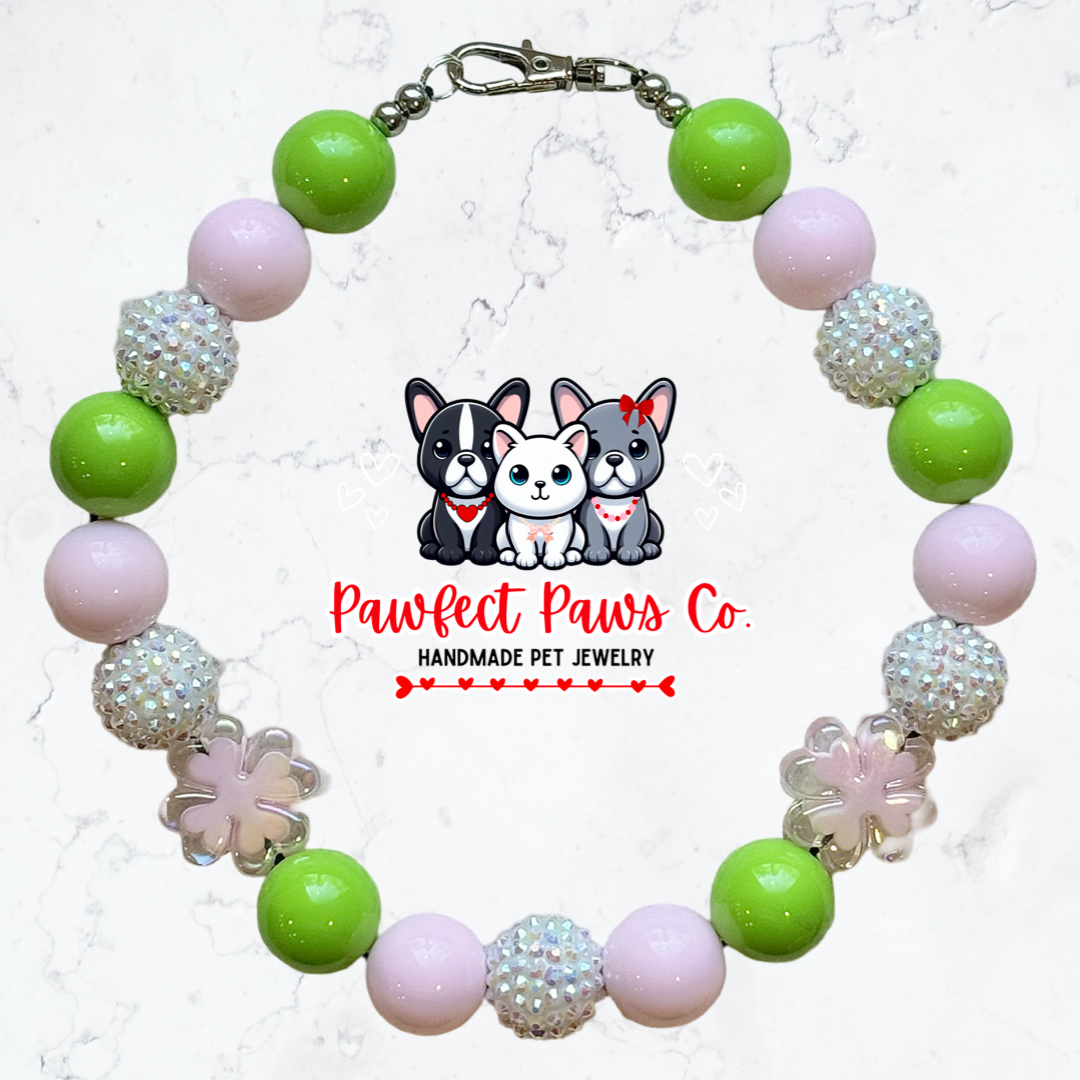 Clover Cutie* Green, Pink & White Sparkle St. Patrick’s Day Custom Beaded Dog/Cat Necklace!