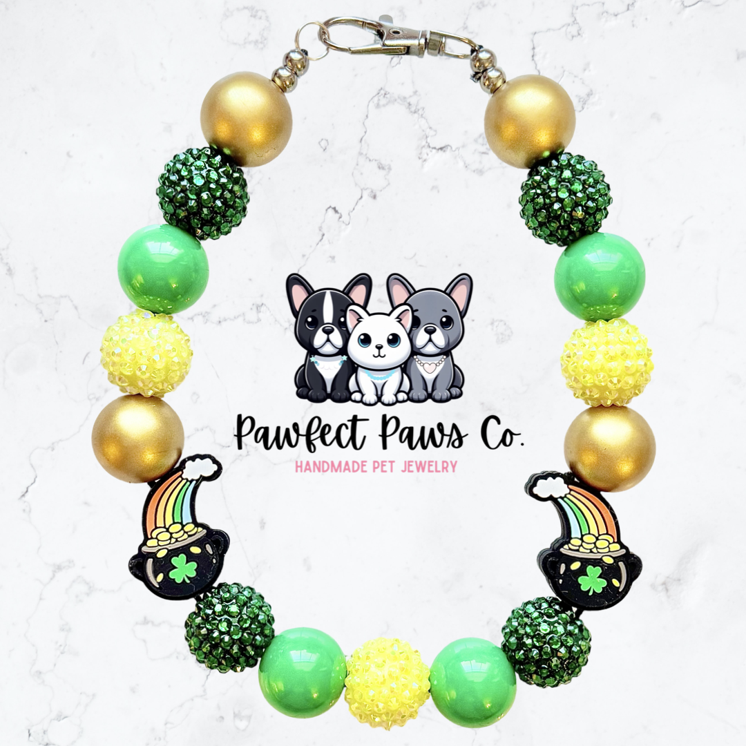 End of the Rainbow* Green, Yellow & Gold Sparkle St. Patrick’s Day Custom Beaded Dog/Cat Necklace!