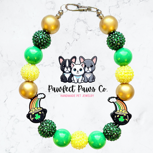 End of the Rainbow* Green, Yellow & Gold Sparkle St. Patrick’s Day Custom Beaded Dog/Cat Necklace!