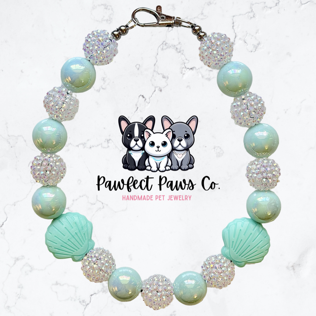 Seashell Shimmer* Teal & White Sparkle Custom Beaded Dog/Cat Necklace!