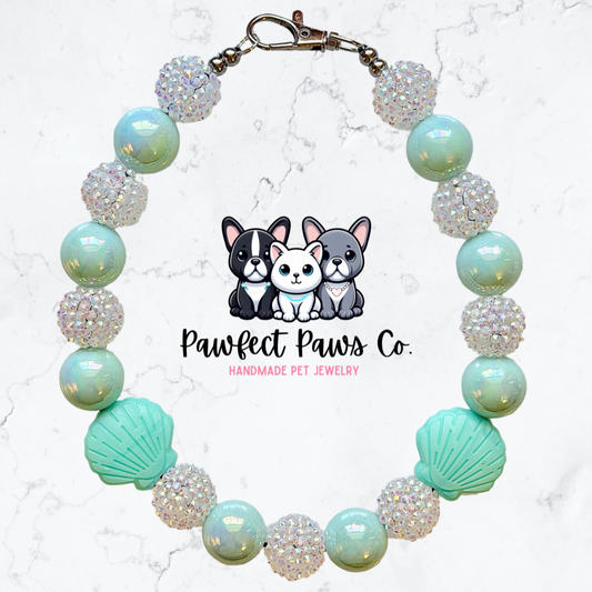 Seashell Shimmer* Teal & White Sparkle Custom Beaded Dog/Cat Necklace!