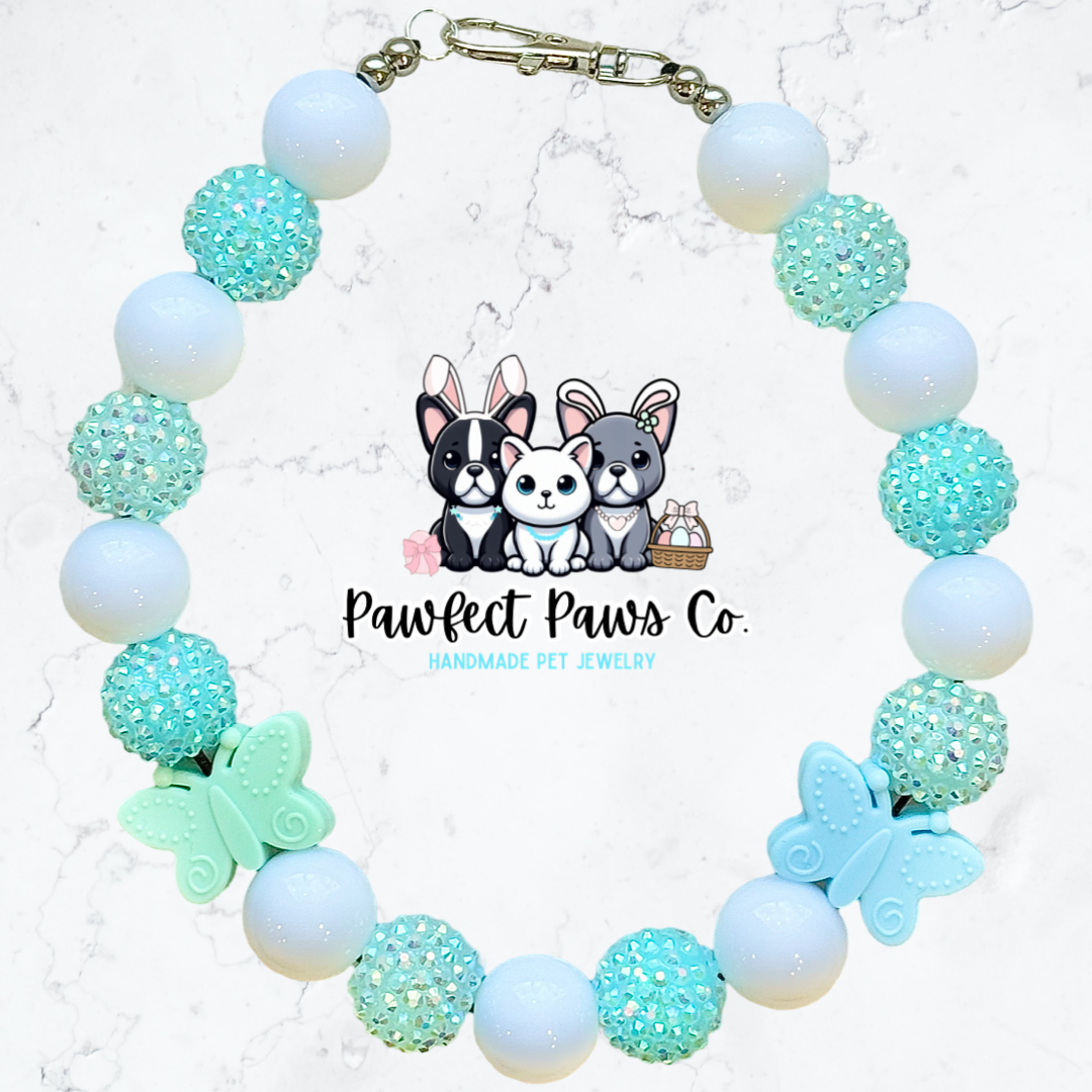 Spring Day* White, Blue & Teal Sparkle Butterfly Custom Beaded Dog/Cat Necklace!