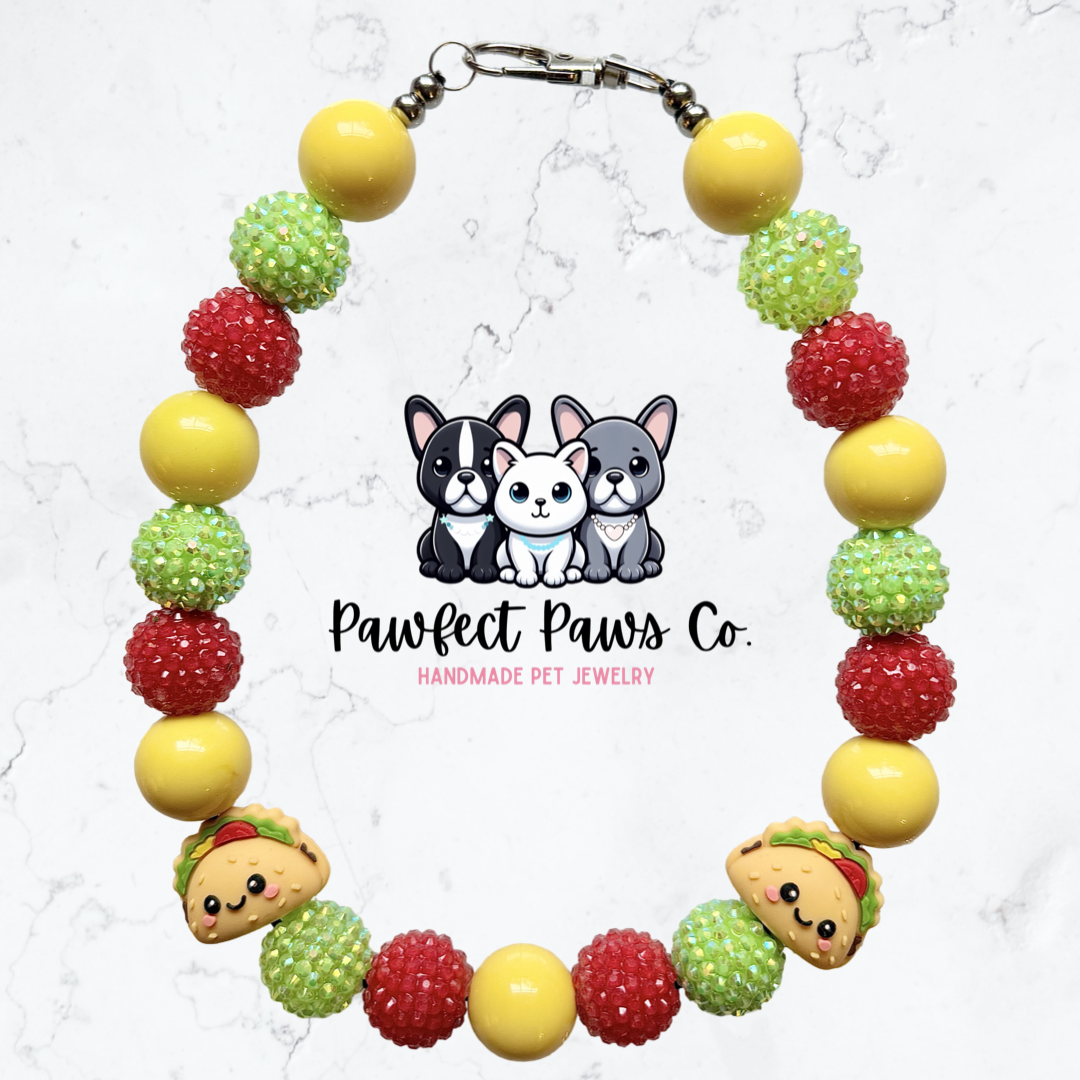 Taco Time* Yellow, Red & Green Sparkle Taco Custom Beaded Dog/Cat Collar Necklace!
