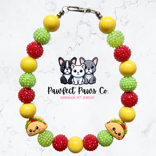 Taco Time* Yellow, Red & Green Sparkle Taco Custom Beaded Dog/Cat Collar Necklace!